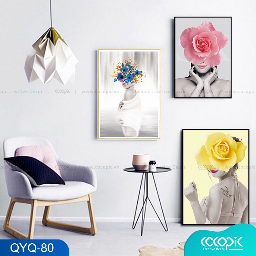Tranh decor trang trí Ba cô gái và bông hoa hồng vàng qyq-80